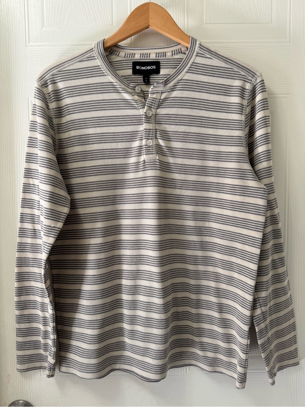 Bonobos Cream and Gray Striped Henley Long Sleeve Shirt